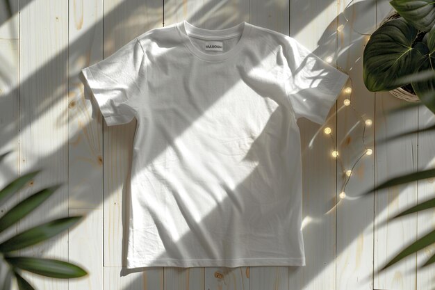 Photo mockup with white tshirt on wooden background with shadows and lights