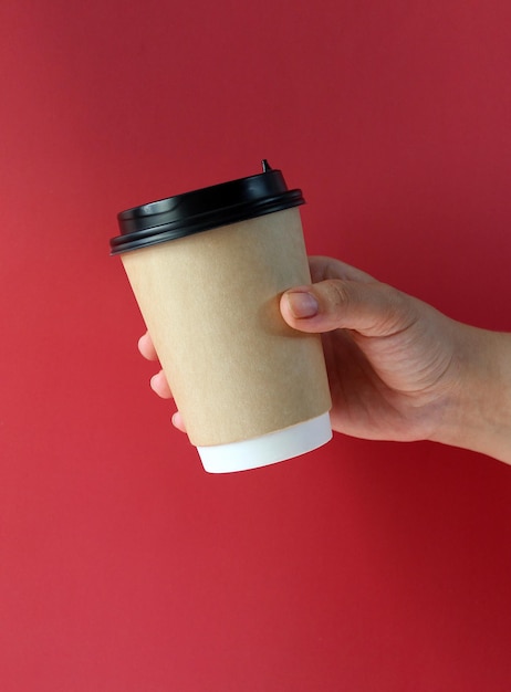 Mockup of woman hand holding a Coffee paper cup on background Front view copy space