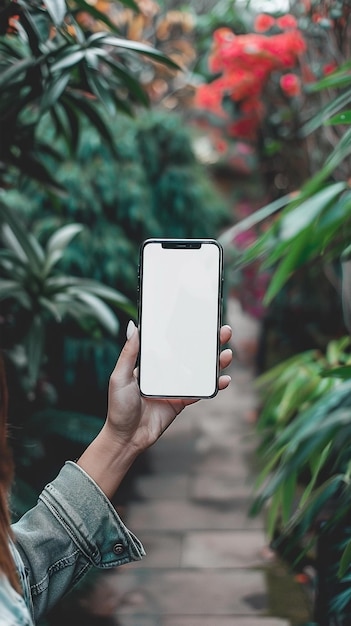 Mockup of Woman Holding Mobile Phone with Blank White Screen on Blurred Background