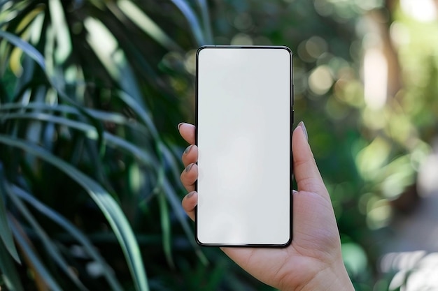 Mockup of Woman Holding Mobile Phone with Blank White Screen on Blurred Background