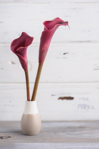 Mockup wooden background with purple calla lilly