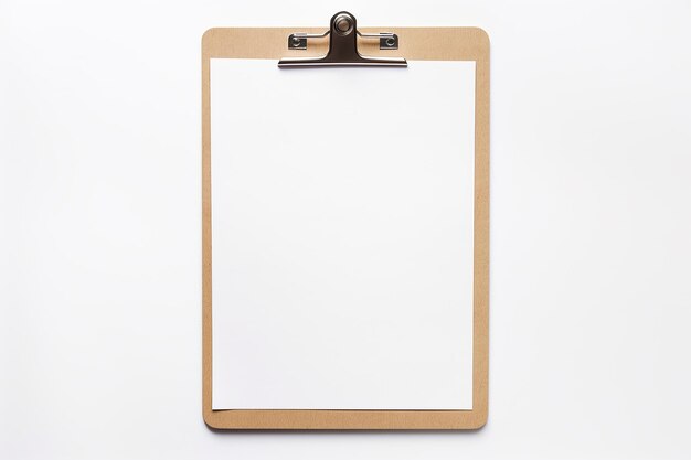 Photo mockup of wooden clipboard with blank paper isolated