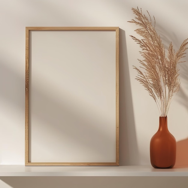 Mockup wooden frame 2x3 Ratio and red vase with dried grasses decor