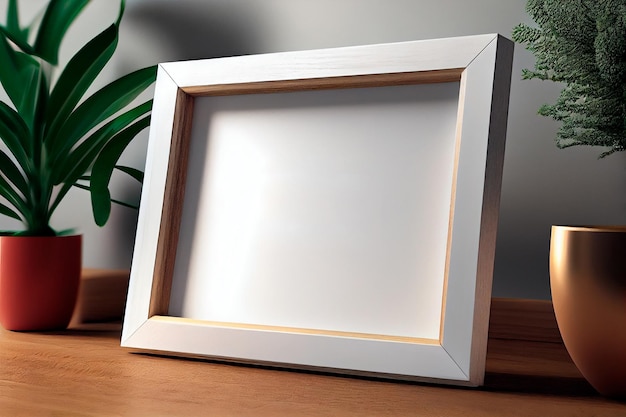 Mockup of a wooden frame in a white basic setting ideal for displaying artwork photos or printed material Generative AI