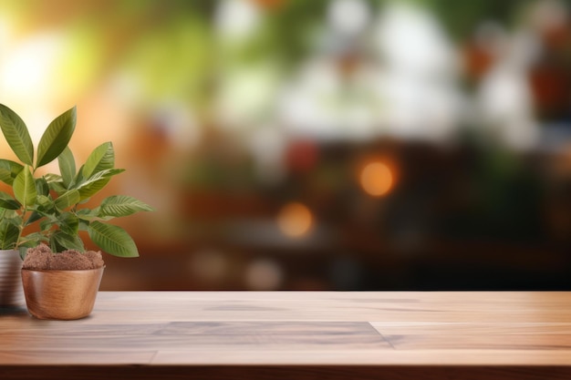 Mockup of wooden table in kitchen great for product showcasing