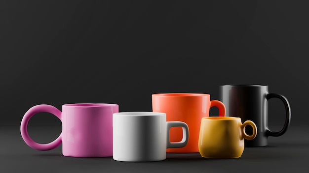 Mockups of several multicolored handmade clay cups on black