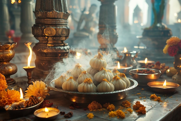 Modaks in Pooja Setup Realistic and Cinematic