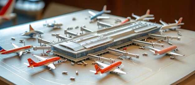 Model of an airport terminal on a table with tiny airplanes