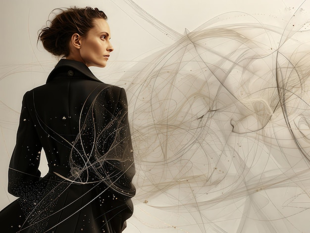 Model in Black Coat with Artistic Abstract Background AI Generative