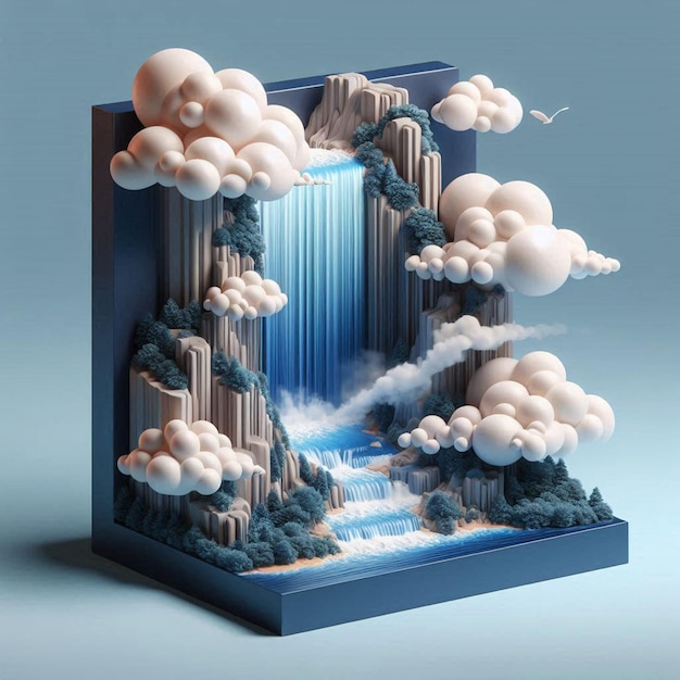 a model of a blue and white sculpture with clouds in the sky