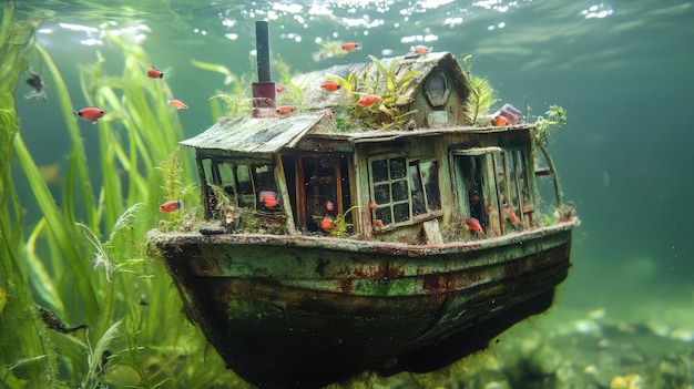 a model boat with a house on the bottom and a house on the bottom