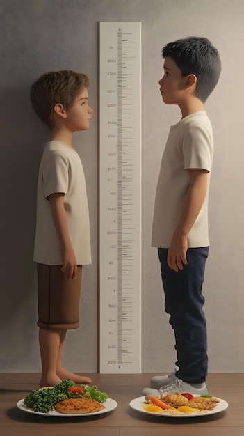 Photo a model of a boy with a large ruler that says quot the boy is standing next to him quot