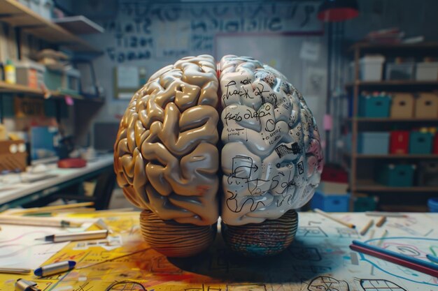 A model of a brain displayed on a table suitable for medical or educational concepts