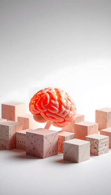 Photo model of brain and one from cubes as concept of psychology and bias isolated with white highlights