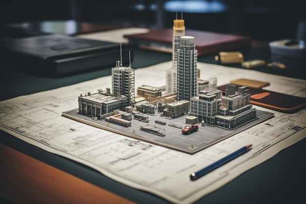 a model of a building is on a table with a pen and a pen