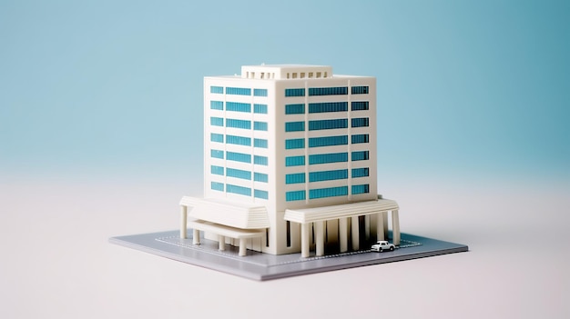 A model of a building with a blue background.