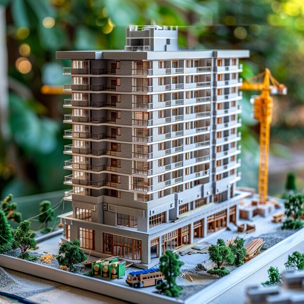 a model of a building with a crane in the background