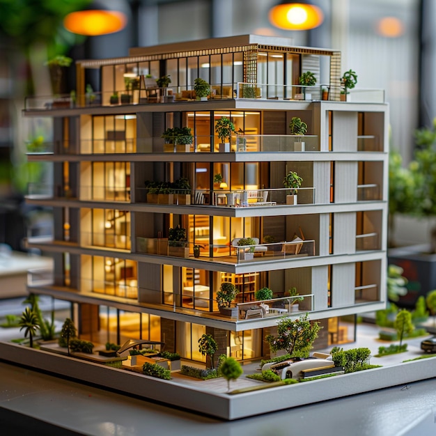 a model of a building with a green roof and a house on the top