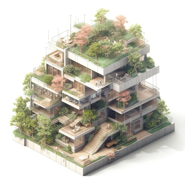 A model of a building with trees on top