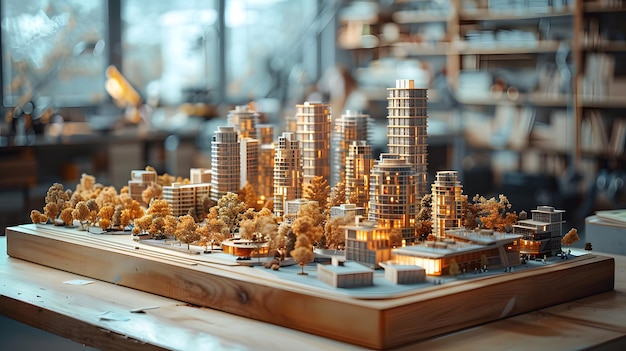 Photo a model of a city is on a wooden table the buildings are tall and the trees are green