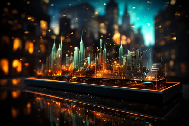 Model of a city street with skyscrapers Blurred metropolis backdrop at night Generative AI