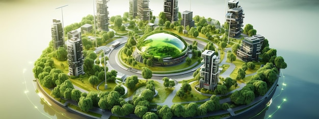 Photo a model of a city with a green roof and a circular building in the middle