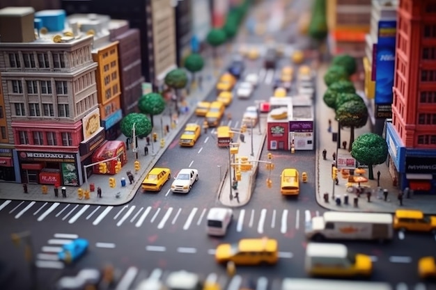 A model of a city with a street scene and a street scene