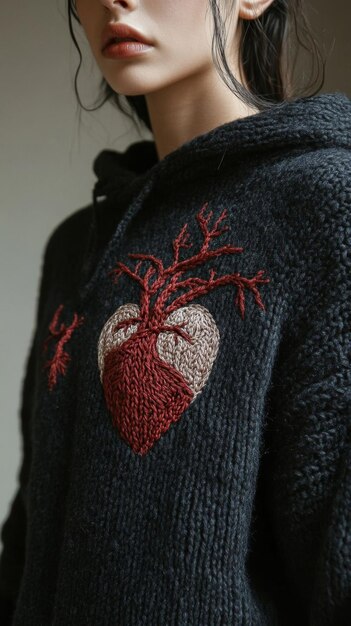 Photo a model in a cozy black hoodie featuring a heart embroidery