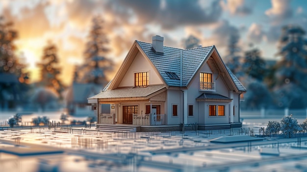 Model of a cozy house in a snowy winter landscape highlighting architecture and home design