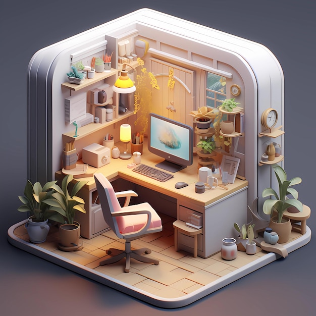 model of a cozy office with a computer 3d rendering isometric