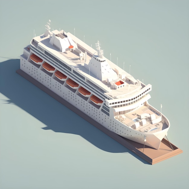 A model of a cruise ship with a red roof.