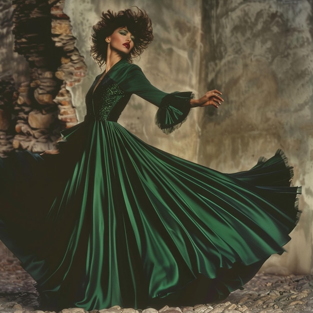 Photo model in deep green dress with 1980sinspired makeup