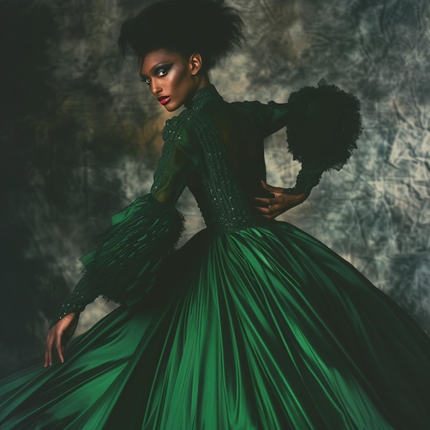 Photo model in deep green dress with 1980sinspired makeup