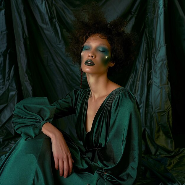 Photo model in deep green dress with 1980sinspired makeup