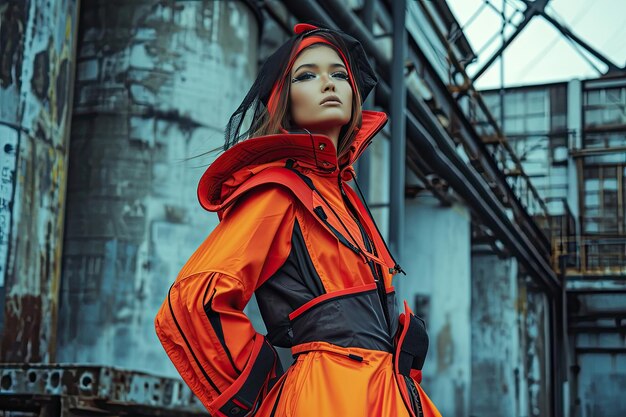 Model Donning Avant Garde Fashion Against An Industrial Backdrop