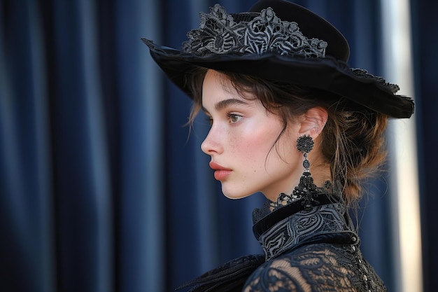 A model in an elegant victorianera outfit with intricate lace and velvet details wearing black ea