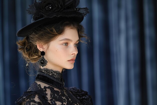 A model in an elegant victorianera outfit with intricate lace and velvet details wearing black ea