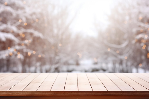 Model of empty wooden display product stand table in blurry cedar forest in morning sun