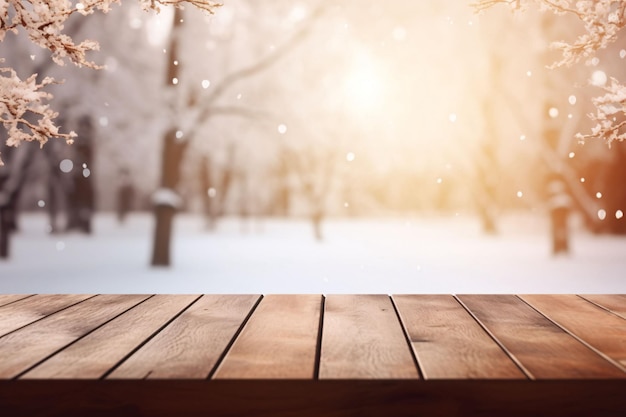 Model of empty wooden display product stand table in blurry cedar forest in morning sun