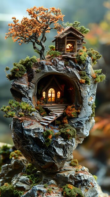 Photo a model of a fairy house made of rocks and trees