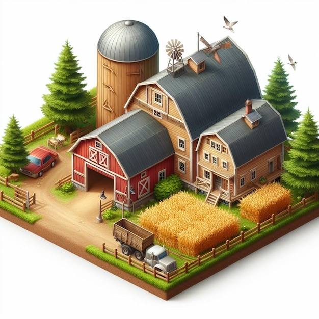 Photo a model of a farm with a barn and a barnisolated on white background