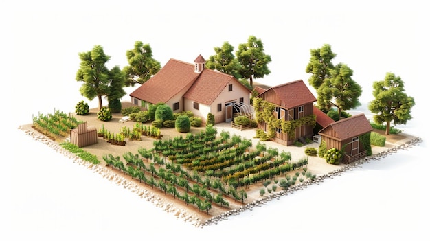 a model of a farm with a house and trees