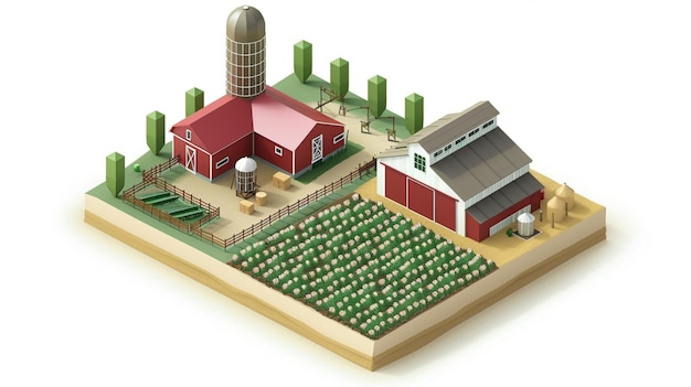 a model of a farm with a red building and a red building