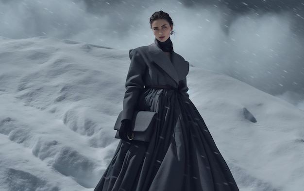 Model in fashionable dress in snow