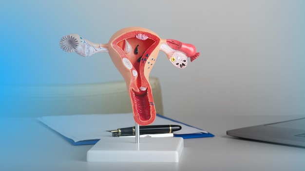 Model of female reproductive system and stethoscope lies on a blue background