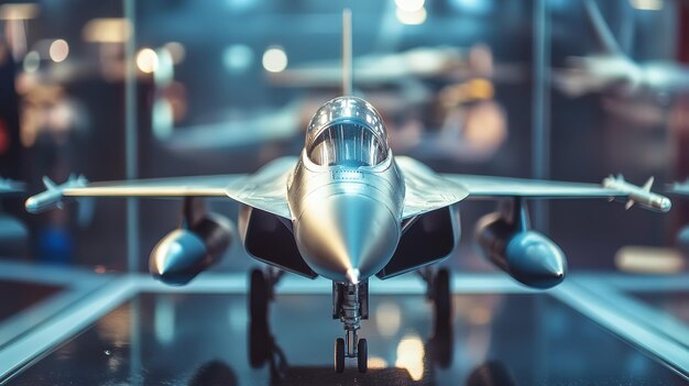 Photo a model of a fighter jet displayed in a showcase highlighting its design and engineering