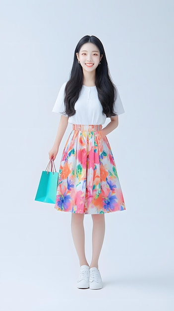 a model in a floral dress with a white top and a blue bag