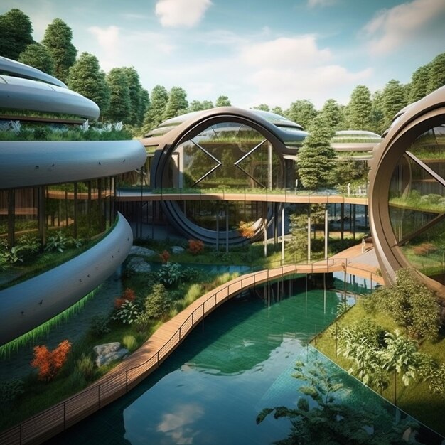 Photo a model of a futuristic building with a bridge and trees in the background