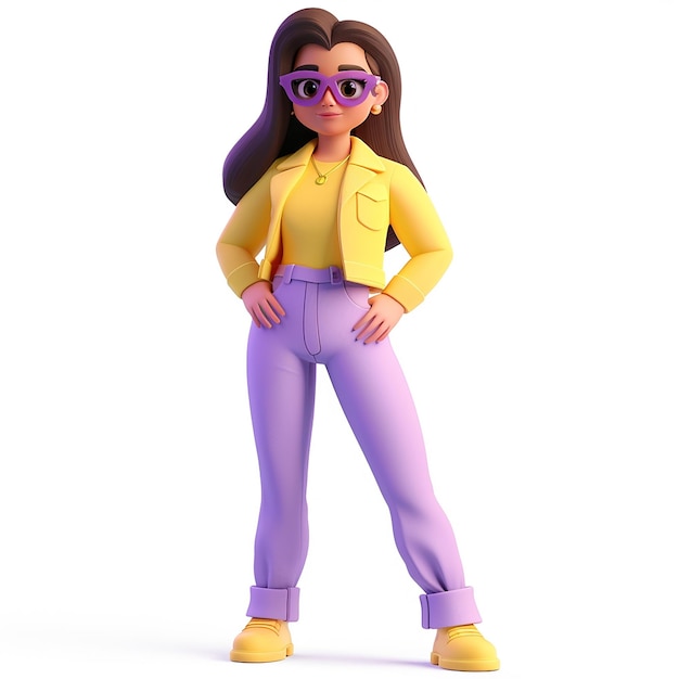 a model of a girl wearing a yellow jacket and purple pants