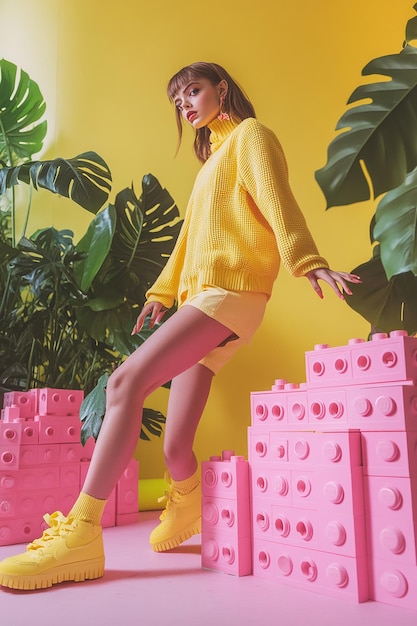 a model of a girl with yellow boots and a yellow sweater is on a yellow wall